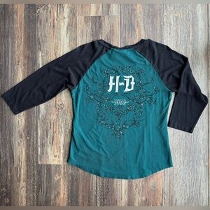 Harley Davidson Womens M Shirt Emerald Green & Black 3/4 Sleeve Biker Motorcycle